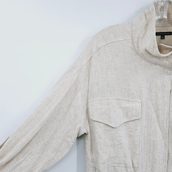 Staccato Moto Utility Jacket M Viscose Linen Zip Snap Roll Tab Sleeve Oatmeal - Picture 3 of 13